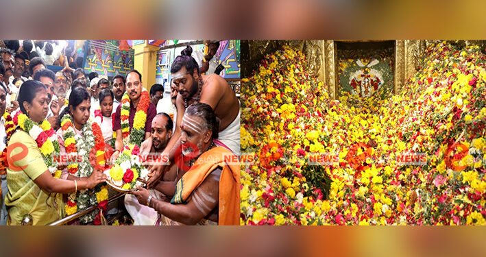 புதுகை முத்துமாரியம்மன் கோயில் பூச்சொரிதழ் விழா- கலெக்டர் பங்கேற்பு