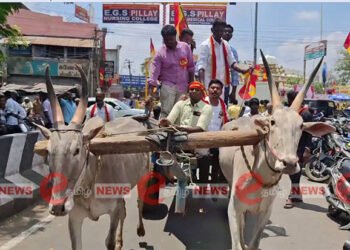 தஞ்சையில் மாட்டு வண்டியில் தவெக தொண்டர்கள் ஆர்ப்பாட்டம்