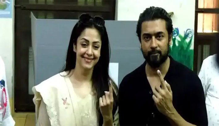 மனைவி ஜோதிகாவுடன் வந்து வாக்களித்தார் நடிகர் சூர்யா