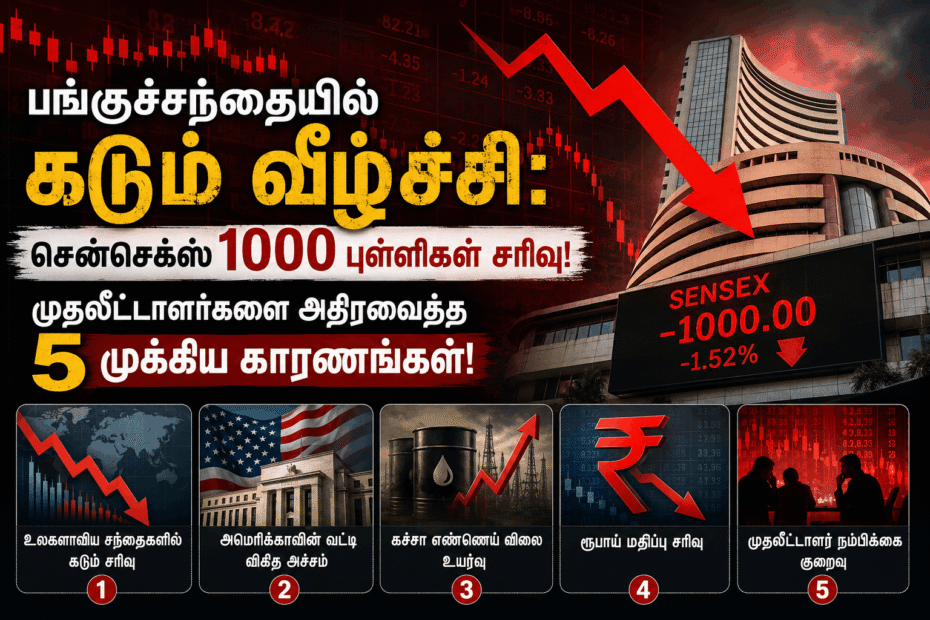 A financial stock market display board showing red downward arrows with Sensex and Nifty indices dropping sharply.