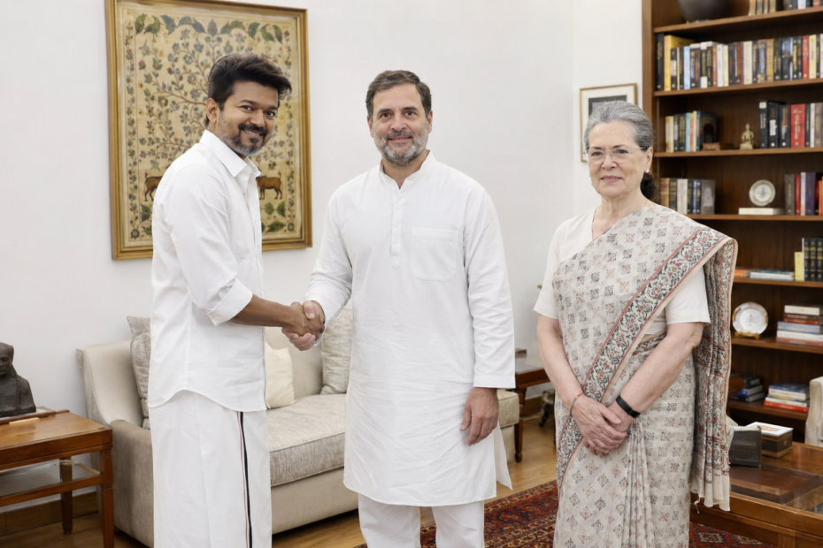 Tamil Nadu Chief Minister C Joseph Vijay shaking hands with Congress leaders Rahul Gandhi and Sonia Gandhi at 10 Janpath in New Delhi on June 10, 2026.