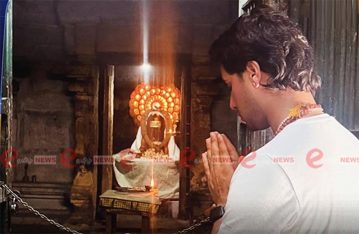 Young Indian cricketer Abhishek Sharma wearing traditional attire during his divine visit to Ramalingeswarar temple in Papanasam, Thanjavur.