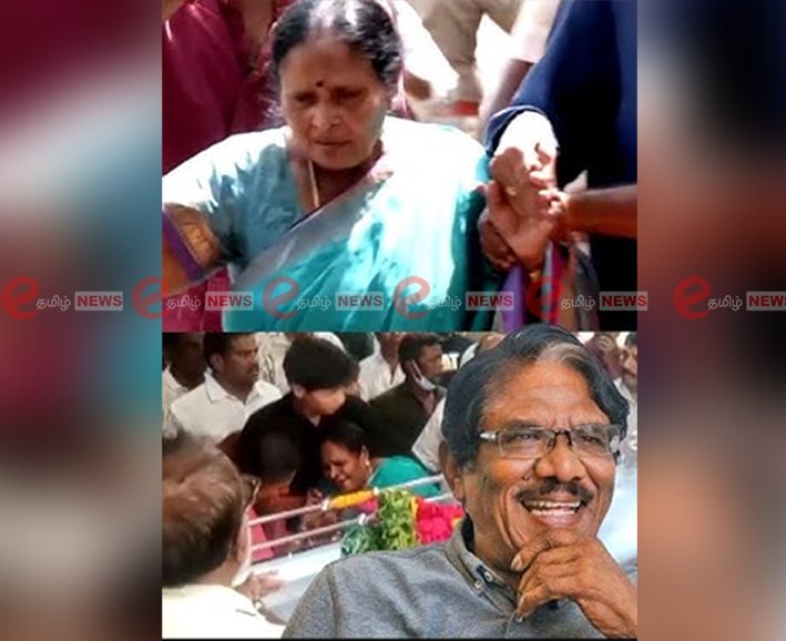 Official memorial portrait of veteran director Bharathiraja decorated with white garlands during his state honours funeral in Theni on June 12 2026.