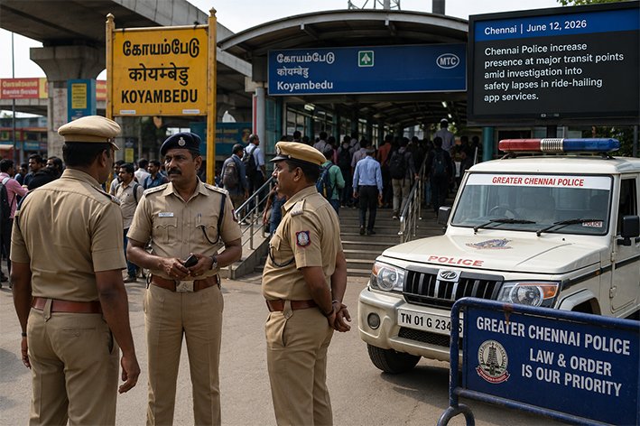 Law enforcement authorities outside a Chennai regional office investigating a women's safety complaint regarding a bike taxi driver on June 12 2026.