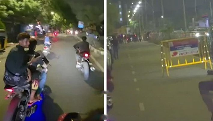 சென்னையில் பேரிகார்டை இழுத்து பைக் சாகசம்... 6 பேர் கைது..