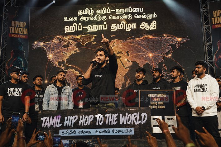 Hiphop Tamizha Adhi addressing the media at a press conference in Chennai on June 12 2026 discussing the global scale of Tamil Hip-Hop music.