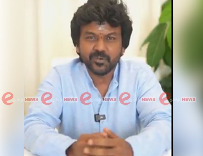 Actor Raghava Lawrence addressing the media or public inside a professional press-meet hall in Chennai during his mega announcement on June 12 2026.