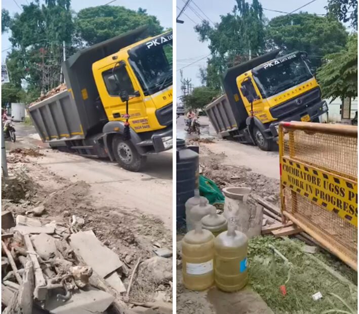கோவையில் பாதாள சாக்கடை குழியில் சிக்கித் தவித்த லாரி