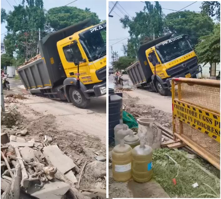 கோவையில் பாதாள சாக்கடை குழியில் சிக்கித் தவித்த லாரி