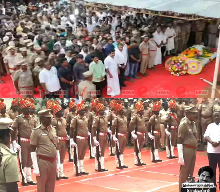 Tamil Nadu police contingent executing a ceremonial gun salute during the funeral of veteran director Bharathiraja on June 11, 2026.