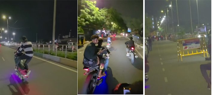 மீண்டும் சென்னை சாலையில் பேரிகார்டு இழுத்து பைக் சாகசம்..