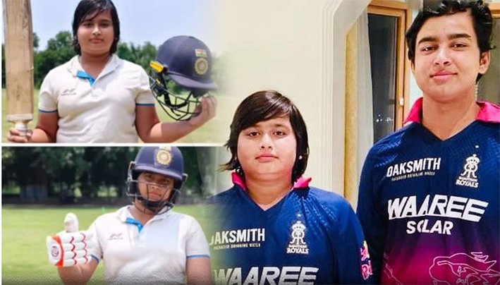 Young Indian cricketer Aashirwad Suryavanshi raising his cricket bat and helmet to celebrate a century during a local practice match in June 2026.