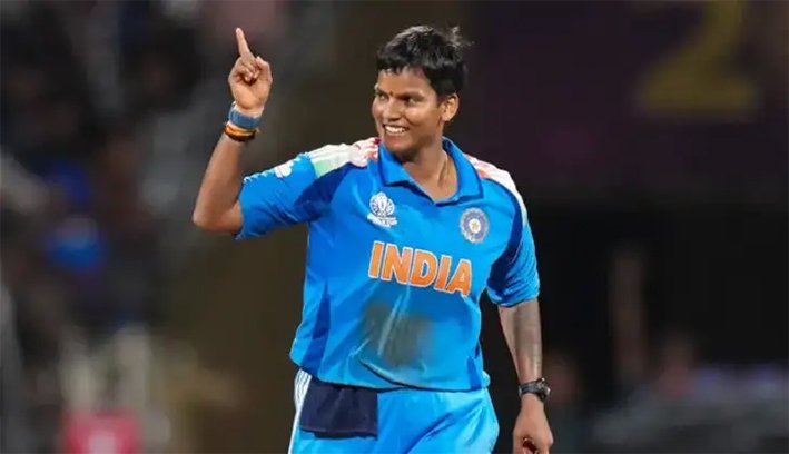Indian women's cricket team all-rounder Deepti Sharma celebrating a wicket in the blue Indian jersey during a T20 match in 2026.