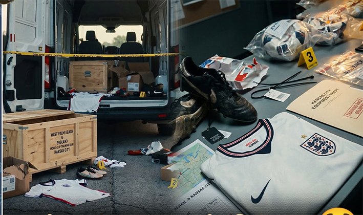 Empty training gear bags and an empty football rack inside a modern stadium locker room in Kansas during the FIFA World Cup in June 2026.
