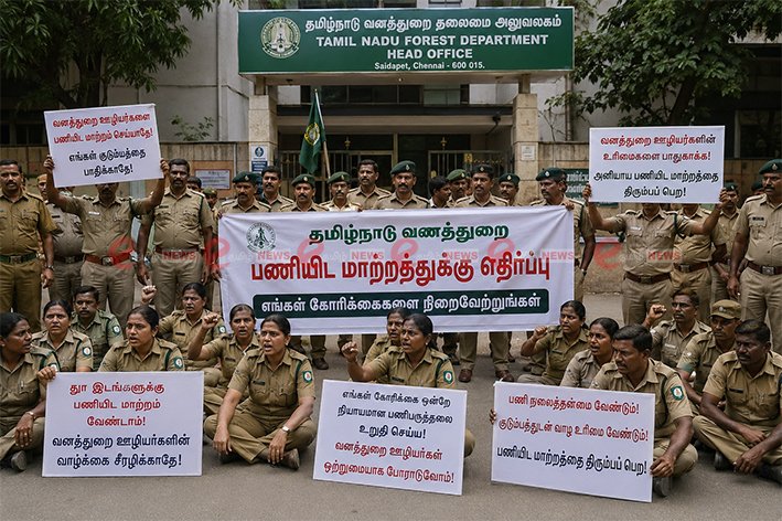 Representatives of the Tamil Nadu Government Forest Department employees association submitting a memorandum against the recent transfer orders on June 12 2026.