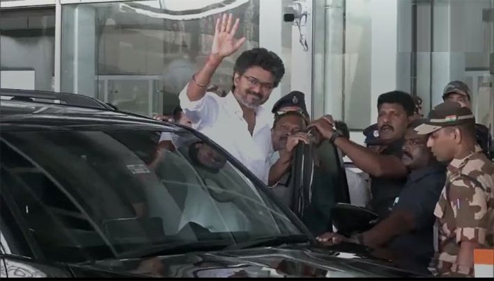Tamil Nadu Chief Minister Vijay exiting Mangaluru airport in a convoy for his temple visit to Udupi Mookambika on June 12 2026.