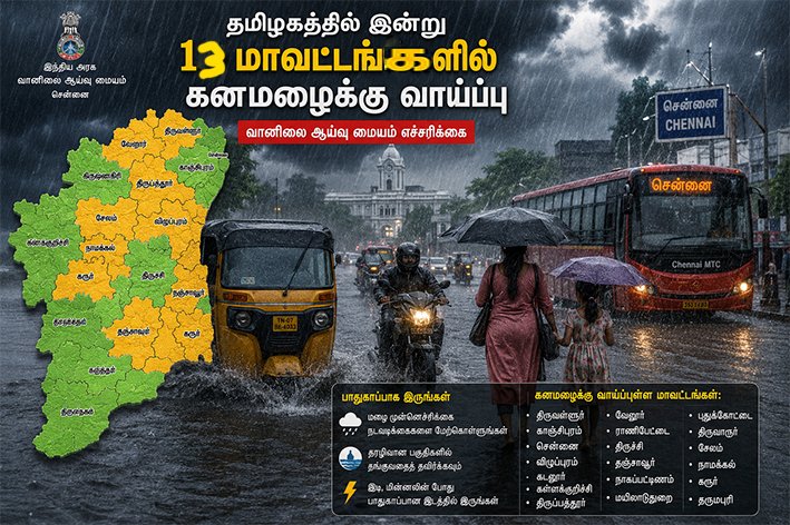 தமிழகத்தில் இன்று 13 மாவட்டத்தில் கனமழைக்கு வாய்ப்பு