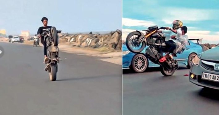 எண்ணூர் கடற்கரை சாலையில் பைக் சாகசம்..வாகன ஓட்டிகள் அச்சம்