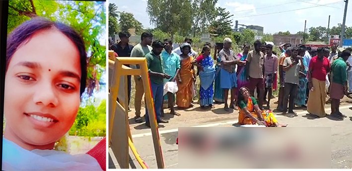 டிப்பர் லாரி மோதி கல்லூரி மாணவி பலி-பெற்றோர் கண்முன்னே சோகம்