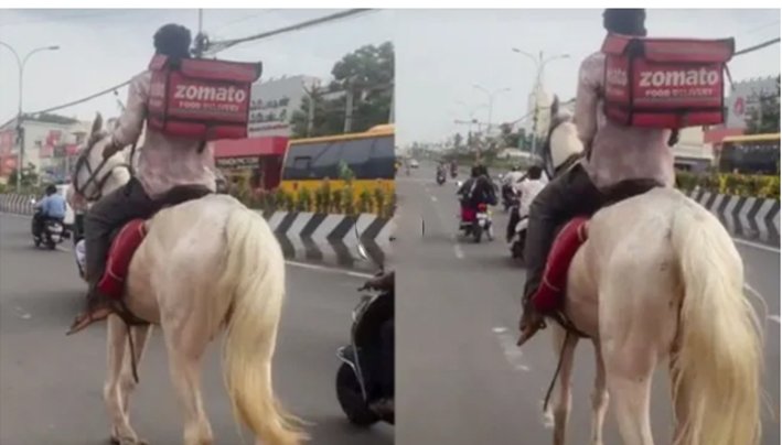 Zomato ஊழியர் குதிரை மீது சென்று உணவு டெலிவரி
