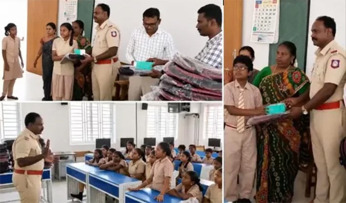 பள்ளி மாணவர்களுக்கு கல்வி உபகரணங்கள் வழங்கிய இன்ஸ்பெக்டர்