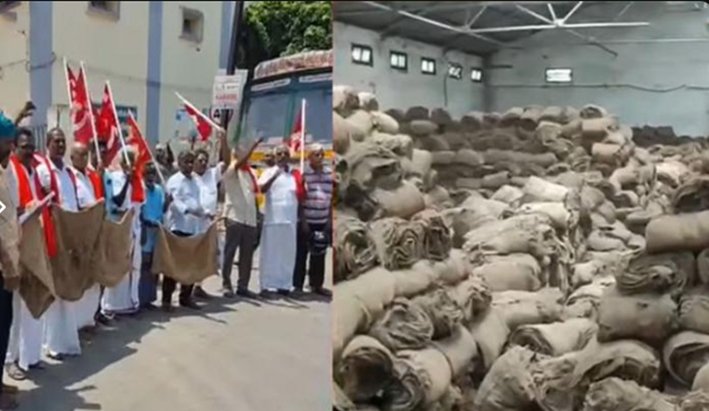 கும்பகோணம்- கிழிந்த சாக்குகளுடன் விவசாயிகள் நூதன போராட்டம்