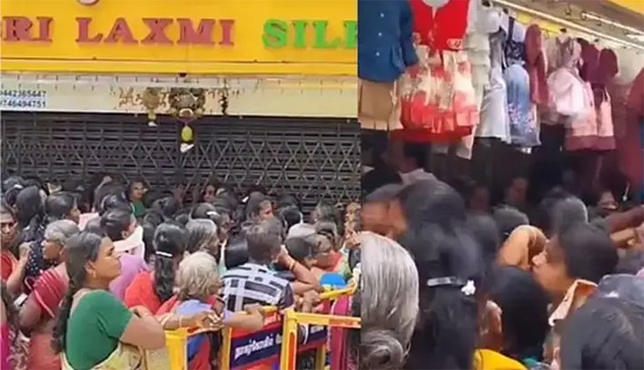 மலிவு விலை சேலை- ஜவுளிக்கடை கண்ணாடியை உடைத்த பெண்கள்