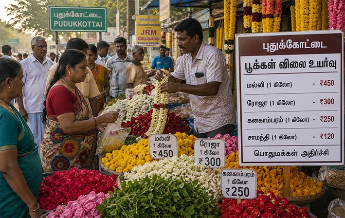 வெயிலால் விளைச்சல் சரிவு-புதுகோட்டையில் பூக்கள் விலை உயர்வு