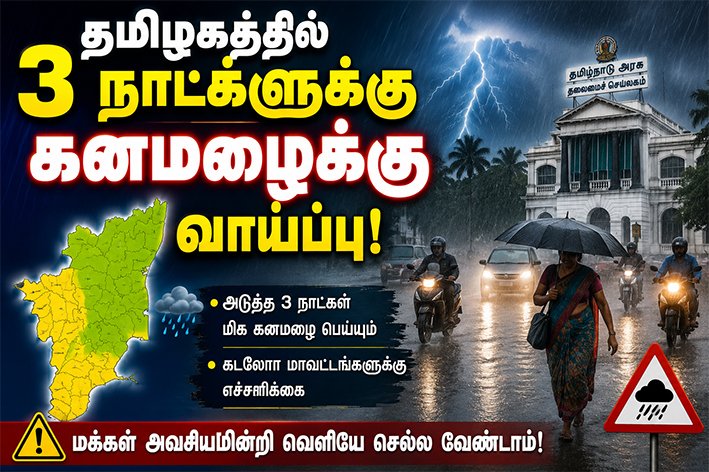தமிழகத்தில் 3 நாட்களுக்கு கனமழைக்கு வாய்ப்பு