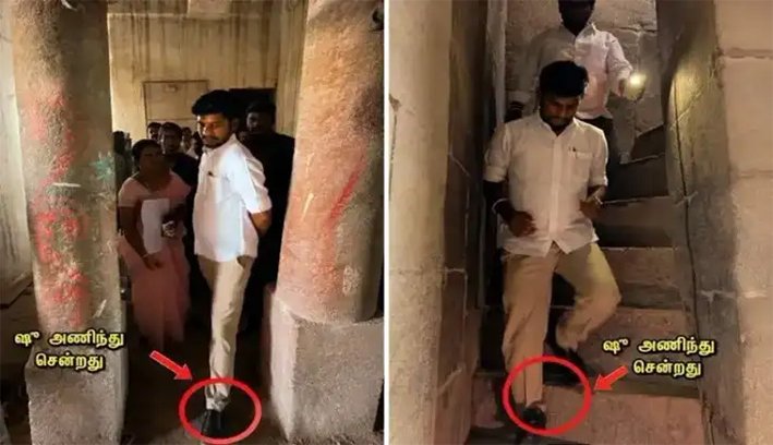 ஷூஅணிந்து ஸ்ரீரங்கம் கோபுரத்தில் ஏறிய அமைச்சர் ரமேஷ்-சர்ச்சை