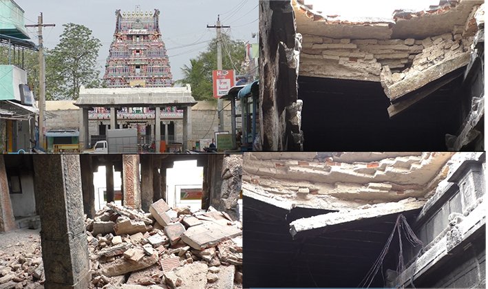 வடாரண்யேஸ்வரர் கோயில் 100கால் மண்டப மேற்கூரை இடிந்தது
