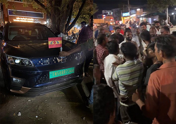தவெக கட்சி கொடி காரில் அராஜகம்..வாலிபர்கள் ரகளை- தஞ்சம்
