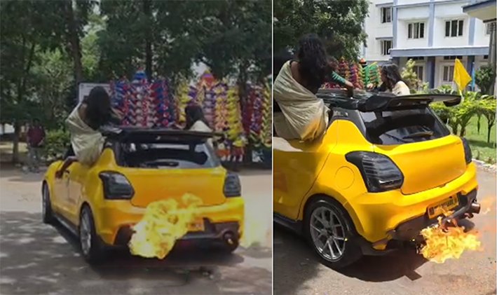 காரில் இருந்து பறந்த தீப்பொறி… கதவில் அமர்ந்து மாணவிகள் ஆட்டம்