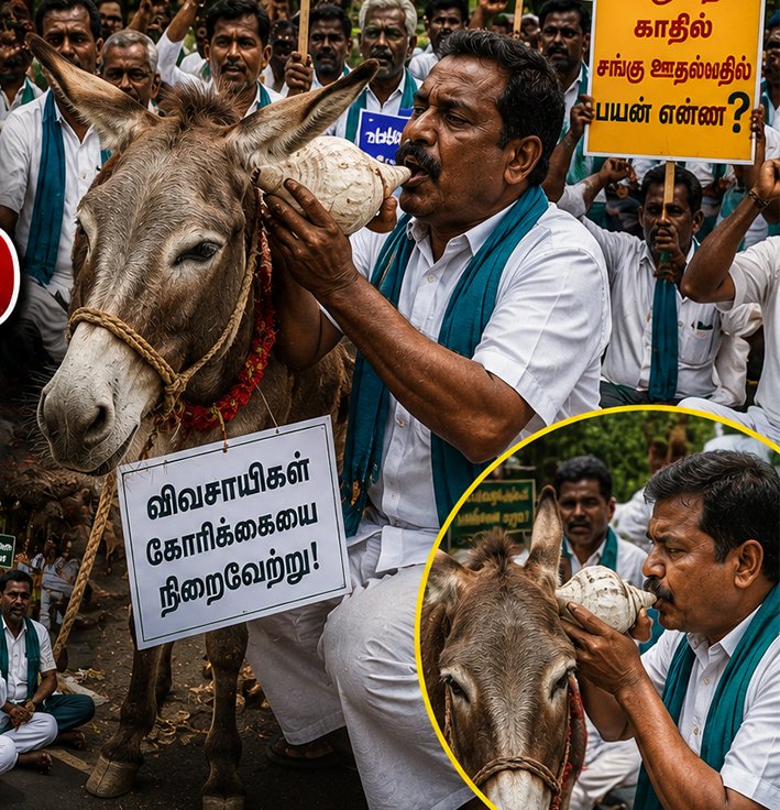 சென்னை தலைமைச் செயலகம் முன்பு… கழுதை காதில் சங்கு ஊதும் நூதன போராட்டம்