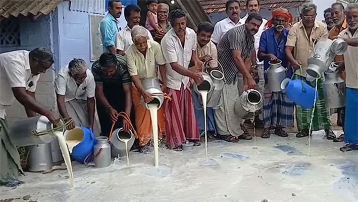 பாலை சாலையில் கொட்டி விவசாயிகள் போராட்டம்!