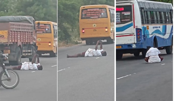 நடுரோட்டில் செல்பி எடுத்து போதை ஆசாமி அலப்பறை.. அரியலூரில் பரபரப்பு