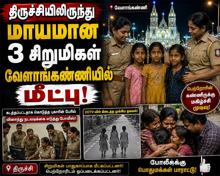 திருச்சியிலிருந்து மாயமான 3 சிறுமிகள் வேளாங்கண்ணியில் மீட்பு