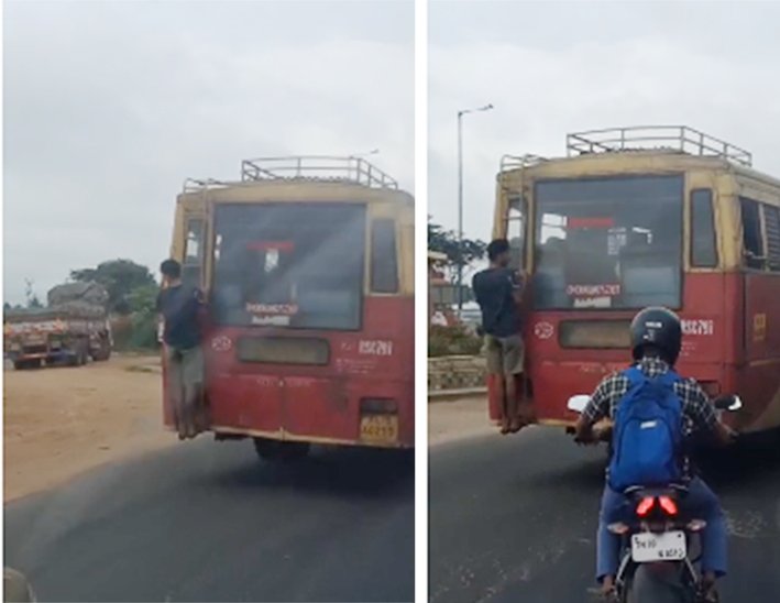 கேரளா பஸ்சின் ஏணியில் தொங்கியபடி இளைஞர் ஆபத்தான பயணம்
