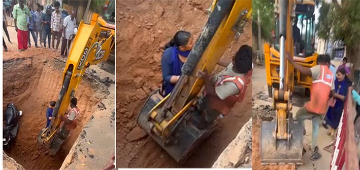 பாதாள சாக்கடை குழியில் டூவீலருடன் விழுந்த இளம் பெண்- மீட்பு
