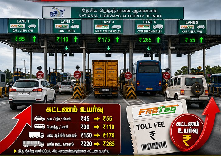 26 சுங்கச்சாவடிகளில் கட்டண உயர்வு அமல்...