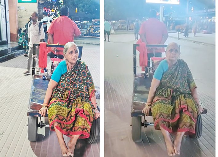 தாம்பரம் ரயில்வே ஸ்டேசனில் டிராளியில் அம்மாவை அழைத்து சென்ற பெண்