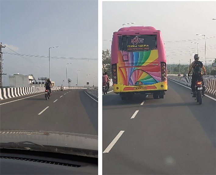 கோவை கிணத்துக்கடவு மேம்பாலத்தில் ஆபத்தான பைக் சாகசம்