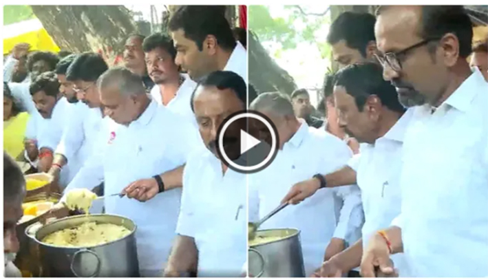 தேவர் சிலைக்கு மரியாதை செலுத்திய பின் உணவு வழங்கிய அமைச்சர்கள்