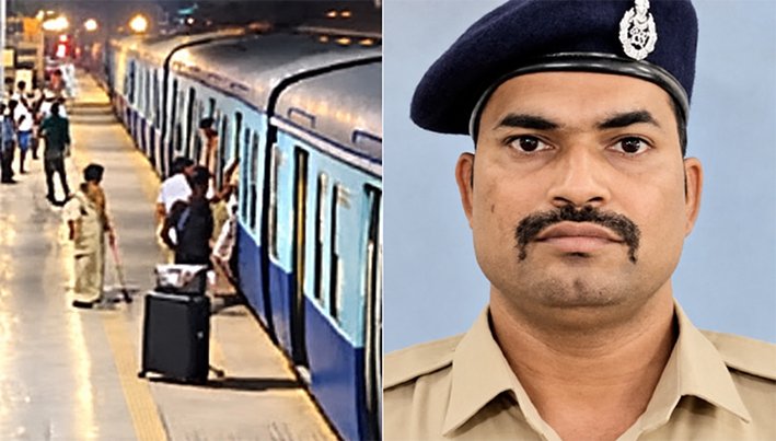 ரயலில் ஏறியபோது தவறி விழுந்த பெண்-காப்பாற்றிய காவலர்-பாராட்டு