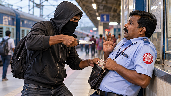 ரயில்வே ஊழியரிடம் கத்தி முனையில் பணம் பறிப்பு-4 பேர் கைது